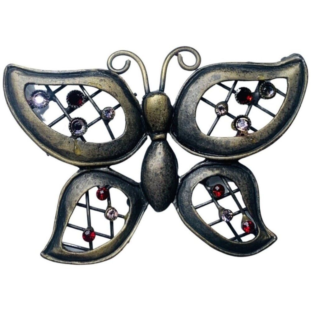 Antique Brass Open Work Metal Rhinestone Vintage Molded Butterfly Brooch 2 1/8”